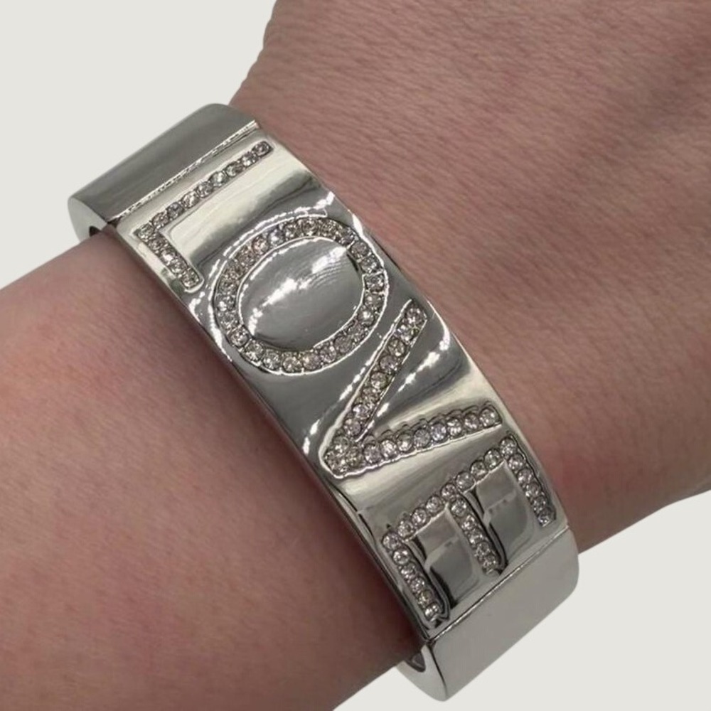 Silver LOVE Rhinestone Hinged Cuff Bracelet Chunky Wide Bangle Jewelry LOVE